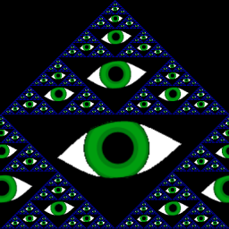 On a black background, a sierpinski triangle in blue. Each empty space in the triangle is filled with a green eye. Unlike the previous similar images, this one is partially drawn by hand, and there is no half-eye on the right side to imply infinity.