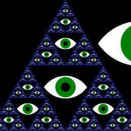 On a black background, a sierpinski triangle in blue. Each empty space in the triangle is filled with a green eye. On the right, half an eye is visible, implying that the triangle would continue if you zoomed out.